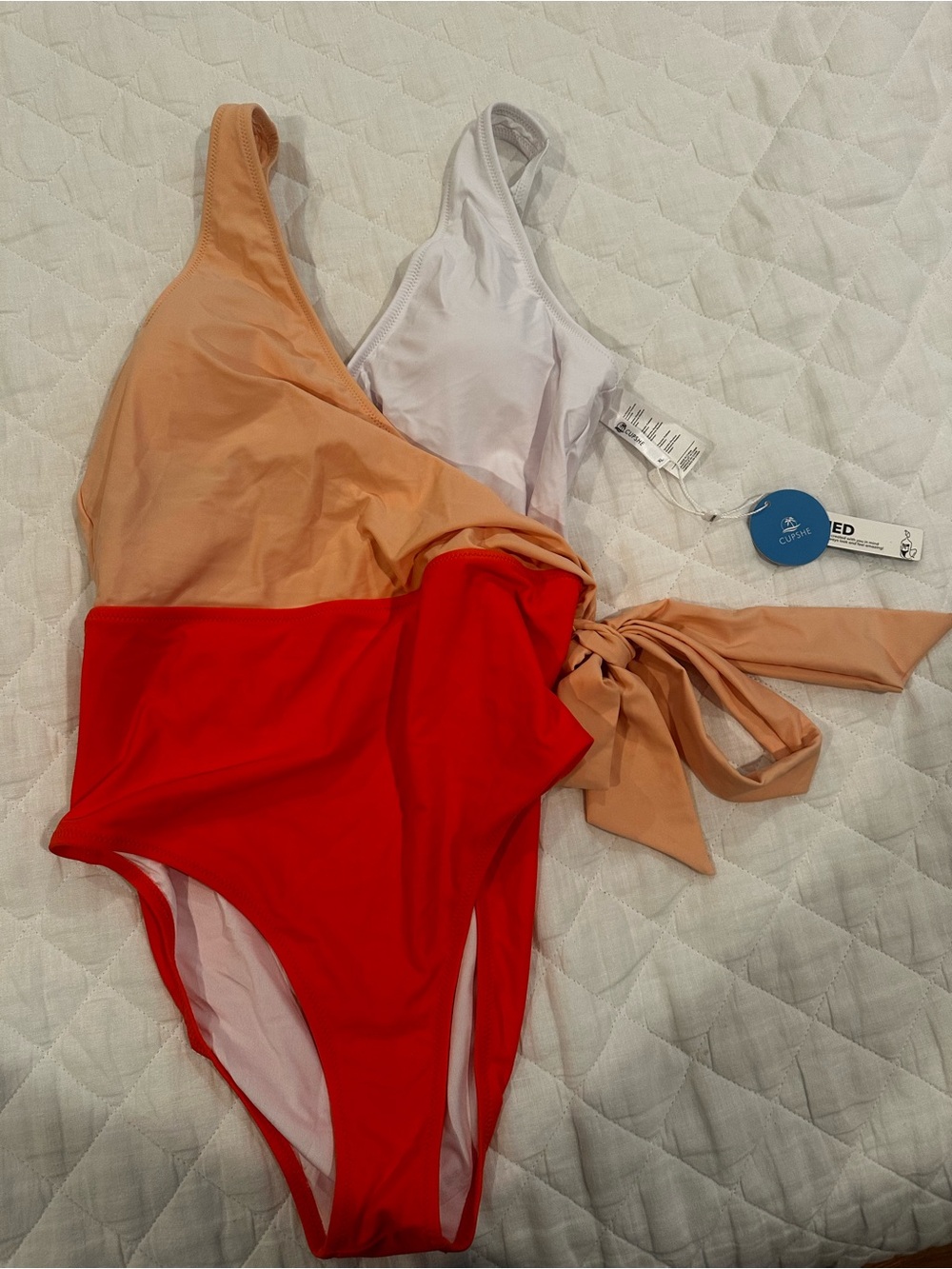 Colorblock Red and Peach Woman’s One-Piece Swimsuit with Side Tie